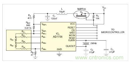 圖1:測量電路測三個點的值,微控制器就可以計算出傳感器值。
