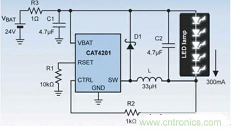 圖2：使用CAT4201驅(qū)動5個(gè)1W的LED