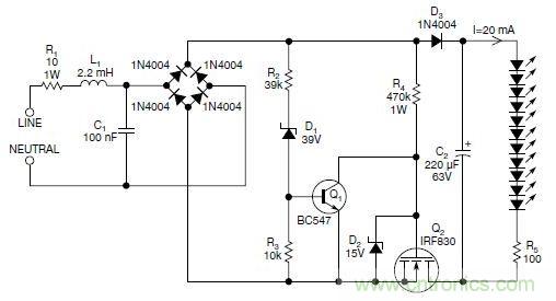 圖2：斬波工作類似圖1中的電路，但以較大的LED串聯電阻代替了恒流源，提供限流功能