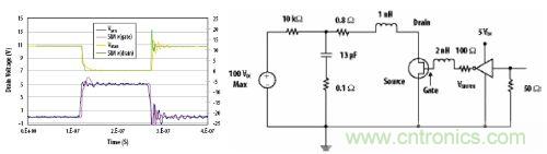 圖8：電路圖及EPC1001 TSPICE仿真結(jié)果與實(shí)際測量的電路性能的波形圖比較