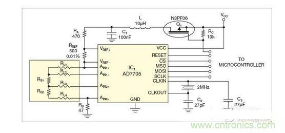 測(cè)量電路測(cè)三個(gè)點(diǎn)的值，微控制器就可以計(jì)算出傳感器值