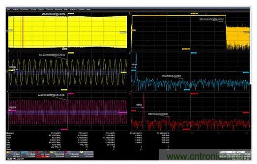 使用縮放功能選通FFT的例子。在437&mu;s和1.42ms處采集的兩個5&mu;s縮放波形顯示了作為時間函數的頻率的差別。