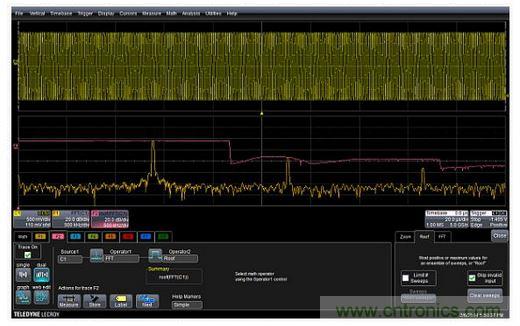 紅色曲線F2(中心)顯示了掃頻正弦波FFT中的每個頻率的峰值或最大值。曲線F1(底部)是沒有應用最高或最大值的FFT。F2描述符盒子顯示了最高功能的設置