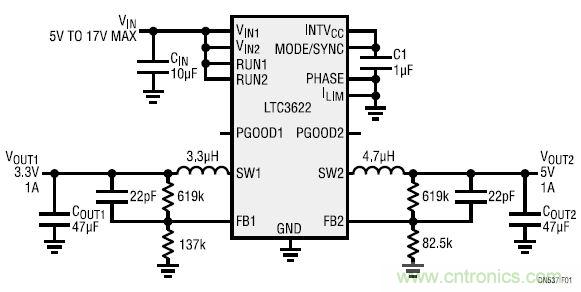 17V輸入、雙路1A輸出的同步降壓型穩壓器