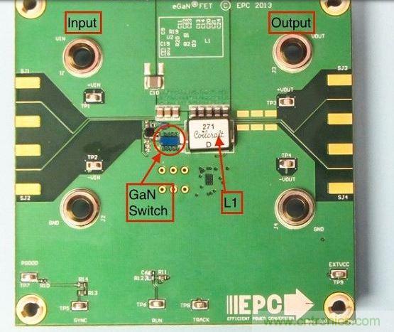 演示板用于顯示GaN的EMI。該GaN組件被圈定,我會在L1左側測量切換的波形。