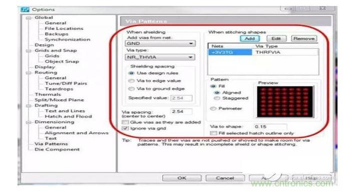 利用支持射頻設計的PCB 設計工具，您可以設置用于生成過孔模式的設計規(guī)則，并自動在您的設計中強制實施這些規(guī)則，從而節(jié)省您的時間和確保符合您的所有設計規(guī)則。