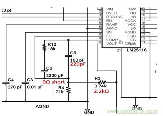 圖4：評估板部分原理圖顯示必須調整分壓器(R3和R4)將輸出電壓從5V改變到3.3V。另外還有其它多處改變。