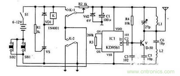 【導(dǎo)讀】隨著環(huán)保意識(shí)的增強(qiáng)，電動(dòng)車已大量進(jìn)入我們家庭，成為部分人必不可少的交通工具。如何防止電動(dòng)車被盜則是車主十分關(guān)心的問(wèn)題，為此，出現(xiàn)了各類電動(dòng)車防盜鎖。除此之外呢？還有什么好的方法防盜呢？我們?yōu)榇蠹医榻B一款電動(dòng)車防盜報(bào)警器電路圖。  各類電動(dòng)車防盜鎖大量涌出，但是，電動(dòng)車被盜現(xiàn)象仍層出不窮，較高級(jí)的電動(dòng)車防盜鎖在短時(shí)間內(nèi)難以破壞，盜賊便將電動(dòng)車搬上其它車輛上盜走，這樣，再高級(jí)的防盜鎖也顯得無(wú)能為力了。鑒于此，我們?yōu)榇蠹医榻B一款電動(dòng)車防盜報(bào)警器電路圖。 1 報(bào)警器發(fā)射機(jī)部分是由繼電器K和可控硅VS用來(lái)控制發(fā)射機(jī)電路的電源。IC1組成警聲信號(hào)電路。晶體管V及其外圍元件組成射頻振蕩電路，發(fā)射報(bào)警信號(hào)。  在等待狀態(tài)時(shí)，開(kāi)關(guān)S1接通，而SB1斷開(kāi)（即車頭鎖被鎖住），K就處在釋放狀態(tài)，報(bào)警發(fā)射機(jī)不工作。當(dāng)車頭鎖被打開(kāi)時(shí)（即SB1接通），VS被觸發(fā)導(dǎo)通，K吸合，接通發(fā)射機(jī)電源。SB1接通后，K-2的常開(kāi)點(diǎn)將其自鎖，此時(shí)只有斷開(kāi)S1報(bào)警方能結(jié)束。在K動(dòng)作時(shí)，其常閉觸點(diǎn)K-l斷開(kāi)，切斷發(fā)動(dòng)機(jī)點(diǎn)火電路。  接收機(jī)電路由TDA7010和開(kāi)關(guān)功放TWH8778、TWH68組成。當(dāng)IC2 收到報(bào)警信號(hào)時(shí)其互腳的高電平通過(guò)IC3經(jīng)IC4放大由TWH15放出報(bào)警聲。但要考慮到頻率的穩(wěn)定性，因?yàn)?010自身沒(méi)有頻率穩(wěn)定電路，在工作時(shí)要多作檢測(cè)，最好用印制板和貼片元件。  按上述操作方法停放車輛后，報(bào)警器即進(jìn)入待報(bào)警狀態(tài)。在待報(bào)警期間，只要有人無(wú)論用什么方法打開(kāi)車頭鎖或搬移車輛，都將觸發(fā)報(bào)警器報(bào)警不停，并切斷發(fā)動(dòng)機(jī)電源使車輛無(wú)法起動(dòng)，直至車主人趕來(lái)將點(diǎn)火鑰匙插入點(diǎn)火鎖內(nèi)轉(zhuǎn)到關(guān)的位置，報(bào)警才能解除。