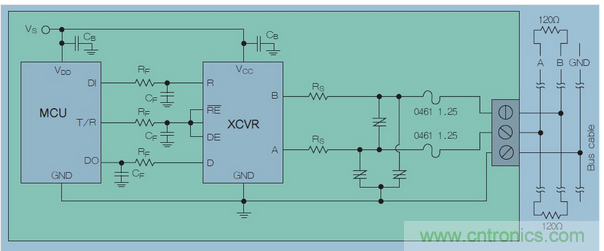 在高暴露環(huán)境中的RS-485總線(xiàn)的電路保護(hù)示意圖中，上圖類(lèi)似&ldquo;Z&rdquo;字形的符號(hào)可代表多種過(guò)壓保護(hù)解決方案，包括Q2L系列SIDACtor保護(hù)晶閘管(圖7)。