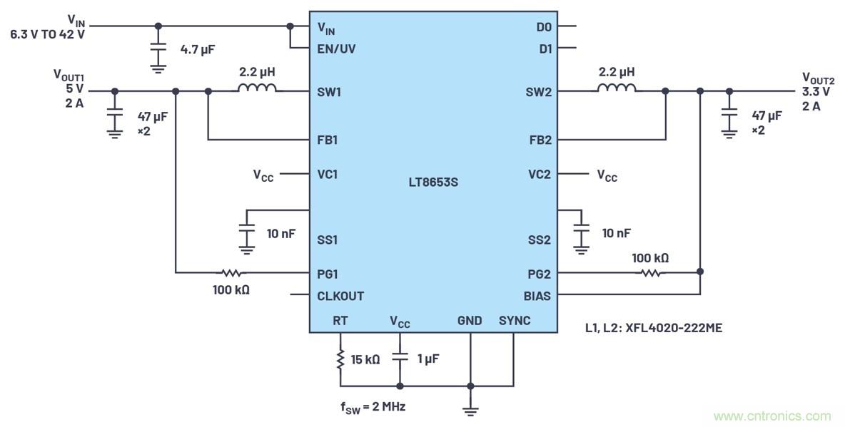 具有6.2 &micro;A靜態電流的雙通道、42 V、2 A、單片、同步降壓型Silent Switcher 2穩壓器