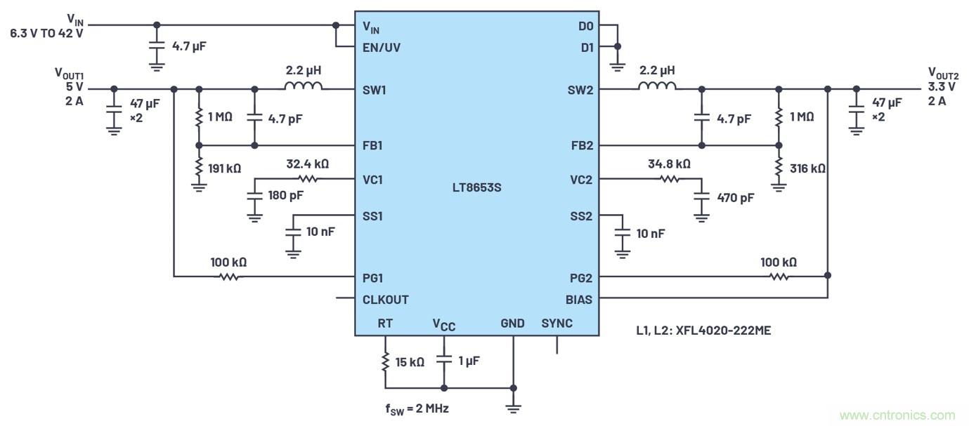具有6.2 &micro;A靜態電流的雙通道、42 V、2 A、單片、同步降壓型Silent Switcher 2穩壓器