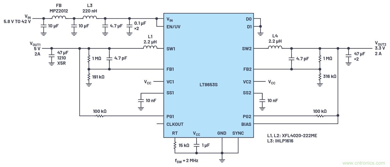 具有6.2 &micro;A靜態電流的雙通道、42 V、2 A、單片、同步降壓型Silent Switcher 2穩壓器