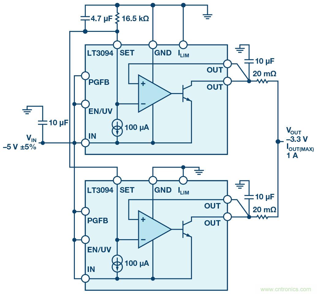 負線性穩壓器在1MHz下具有0.8&mu;V RMS噪聲和74dB電源抑制比