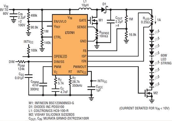 LT3761 LED驅動器精確的PWM LED調光功能 LT3761 LED驅動器精確的PWM LED調光功能
